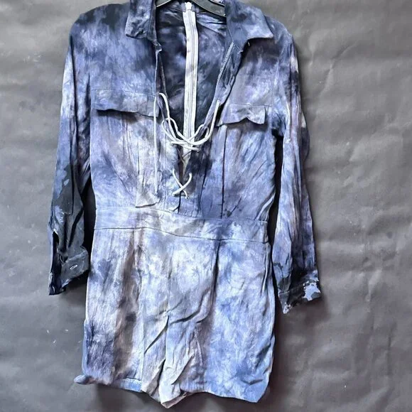 Topshop Romper Short Jumper Off-White Lace Up Club Size 6 Tie Dye Black - Picture 4 of 8